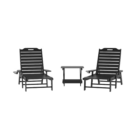 Flash Furniture Monterey 3-Pc Adirondack Set w/2 Adjustable HDPE Loungers w/Cup Holders and Folding Side Table, Blk LE-HMP-2017-2-T1620H-BK-GG